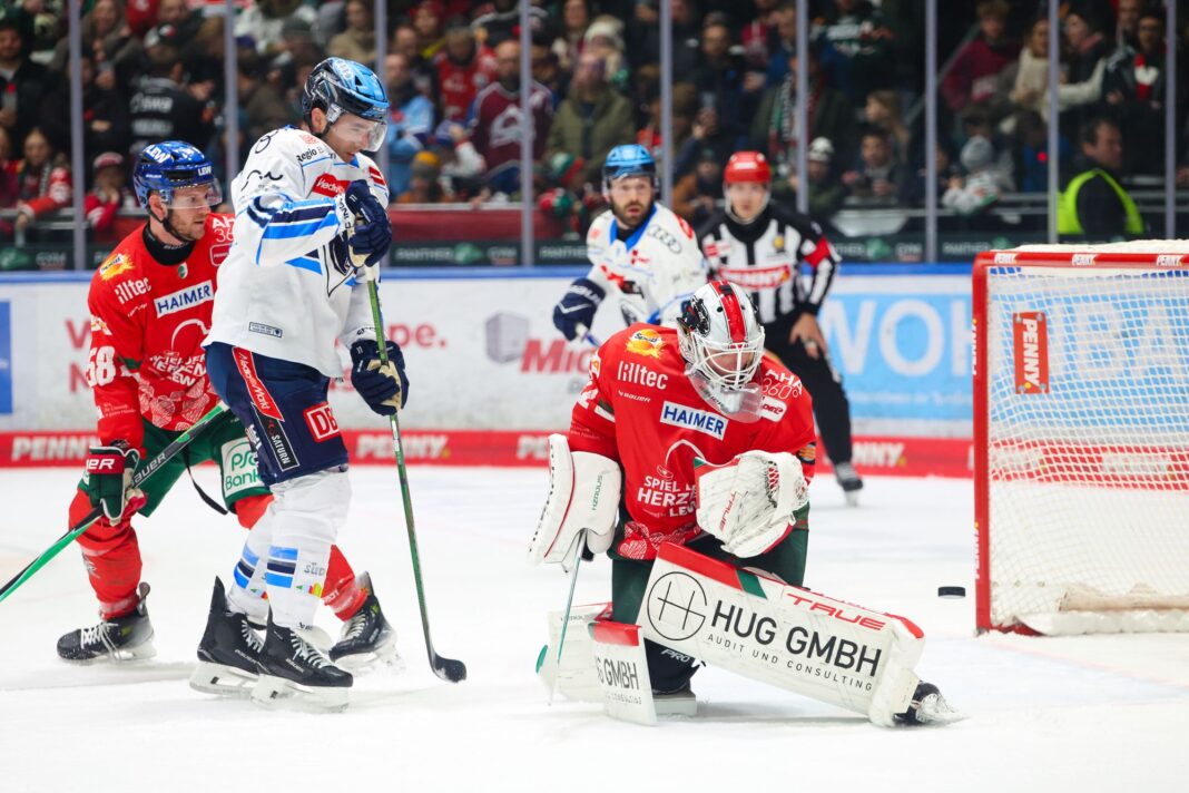 Eishockey, Herren, Penny DEL, Augsburger Panther vs. ERC Ingolstadt : Peyton Jones (41, Augsburger Panther), Kenny Agostino (11, ERC Ingolstadt) und Maximilian Renner (58, Augsburger Panther)